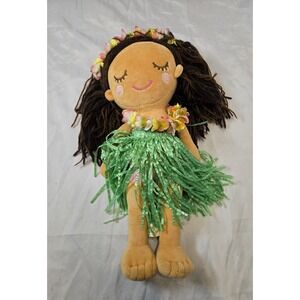 Earth Nymph Hawaiian Plush Girl Doll Hawaii Hula Skirt Lei 14 Inch Brown Hair